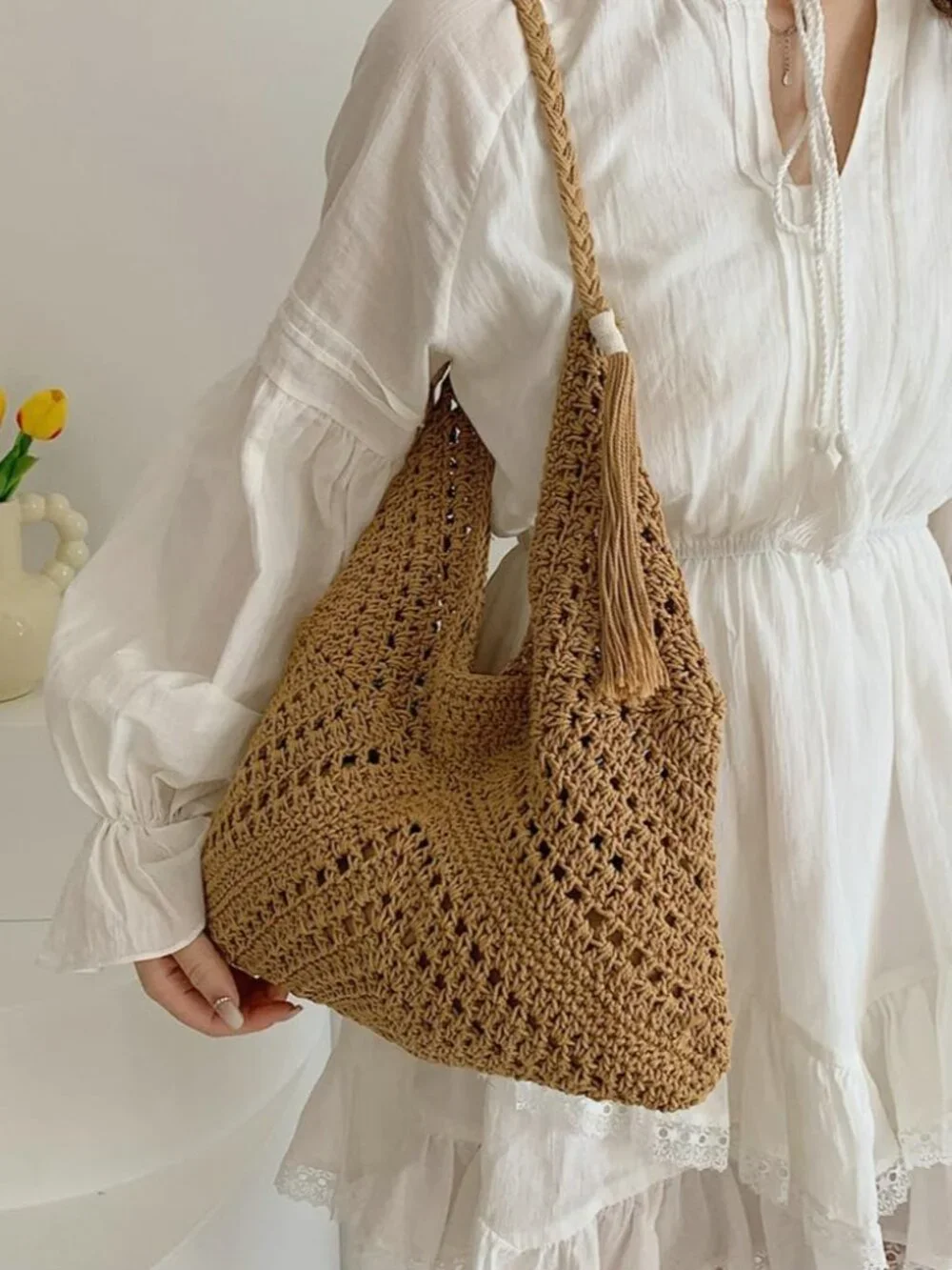 Boho Straw Bags for Women Large Woven Tote Bag Straw Beach Bag Shoulder Bags Pur - Picture 3 of 7